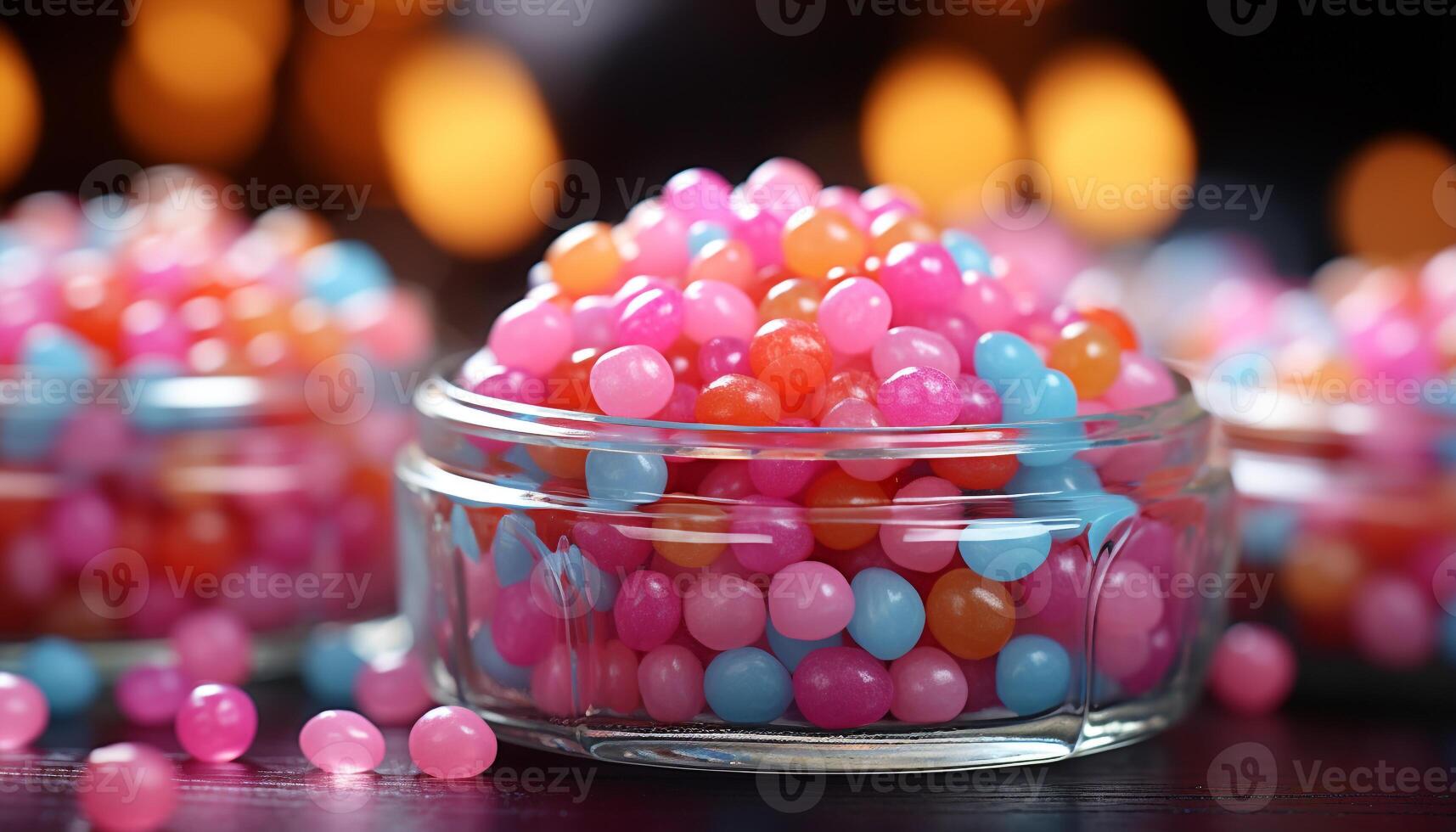ai generiert multi farbig Süßigkeiten Schüssel, Süss Dessert Dekoration, beschwingt Party Genuss generiert durch ai foto