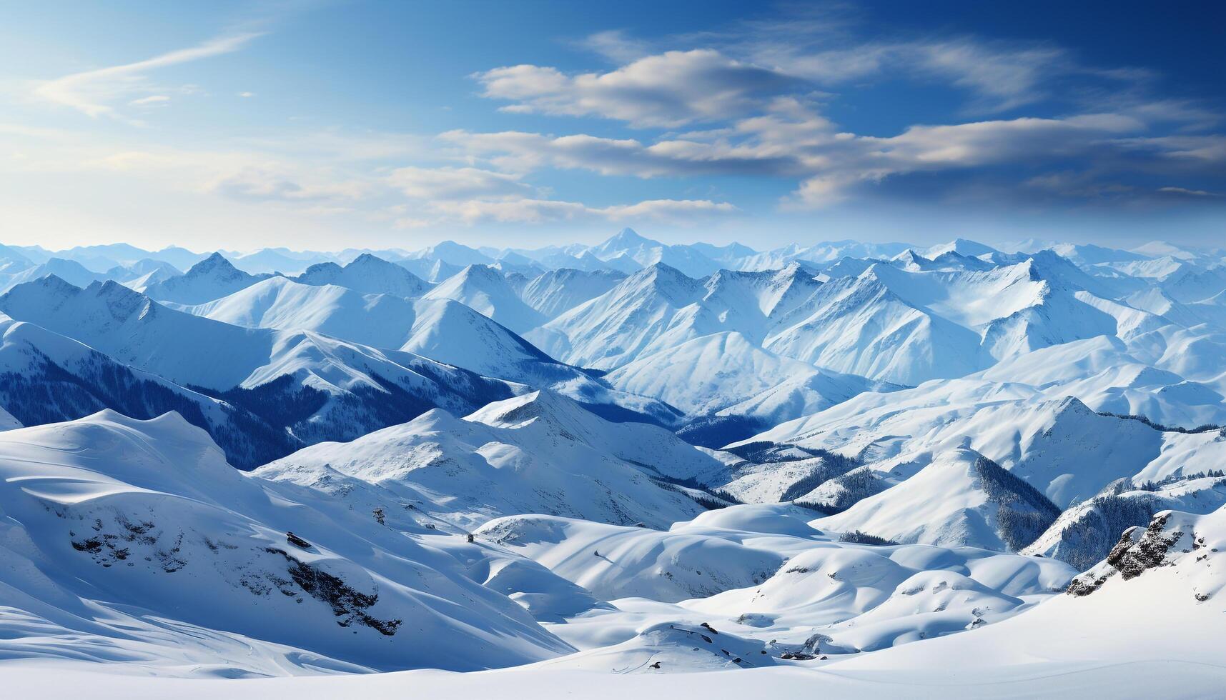 ai generiert Panorama- Winter Landschaft Schnee gekappt Berge, Blau Himmel, still Schönheit generiert durch ai foto