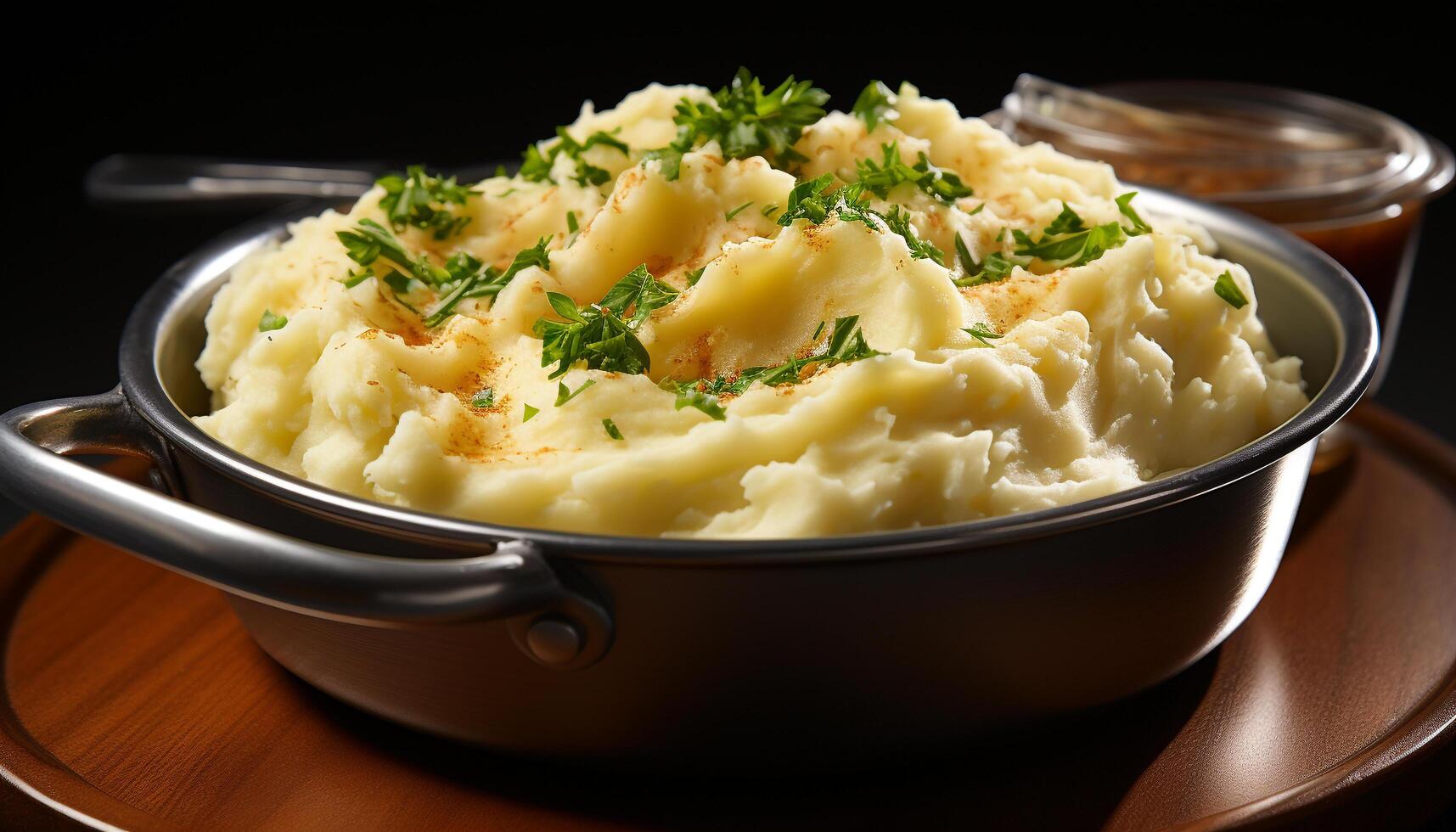 ai generiert gesund Vegetarier Mahlzeit frisch püriert Kartoffeln mit geschmolzen Butter und Petersilie generiert durch ai foto
