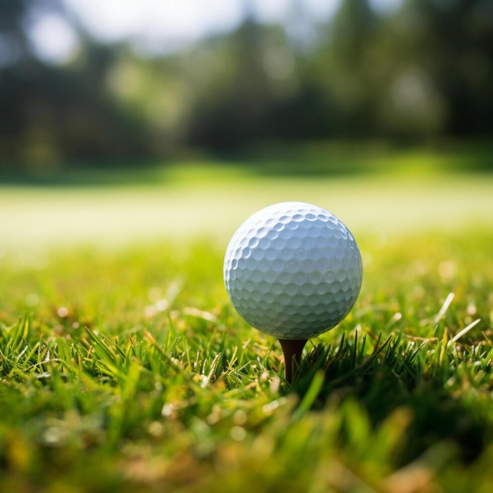 ai generiert Golf Spielplatz Eleganz Grün Gras mit Golf Ball im Sonnenlicht zum Sozial Medien Post Größe foto