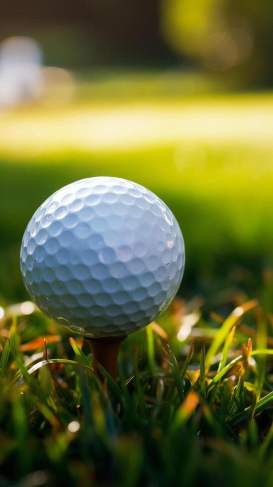 ai generiert Golf Spielplatz Eleganz Grün Gras mit Golf Ball im Sonnenlicht Vertikale Handy, Mobiltelefon Hintergrund foto