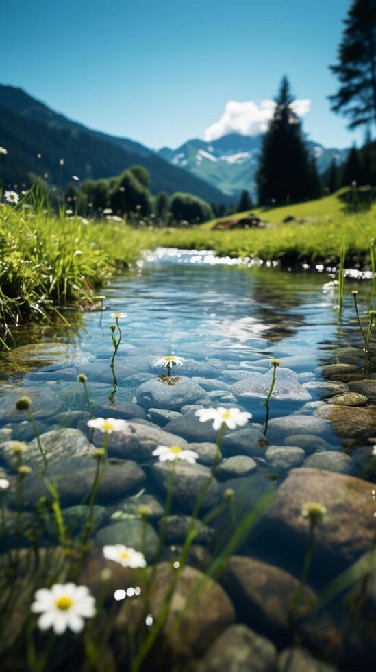 ai generiert still Szene szenisch Aussicht von ein klar Strom mit Wildblumen Vertikale Handy, Mobiltelefon Hintergrund foto