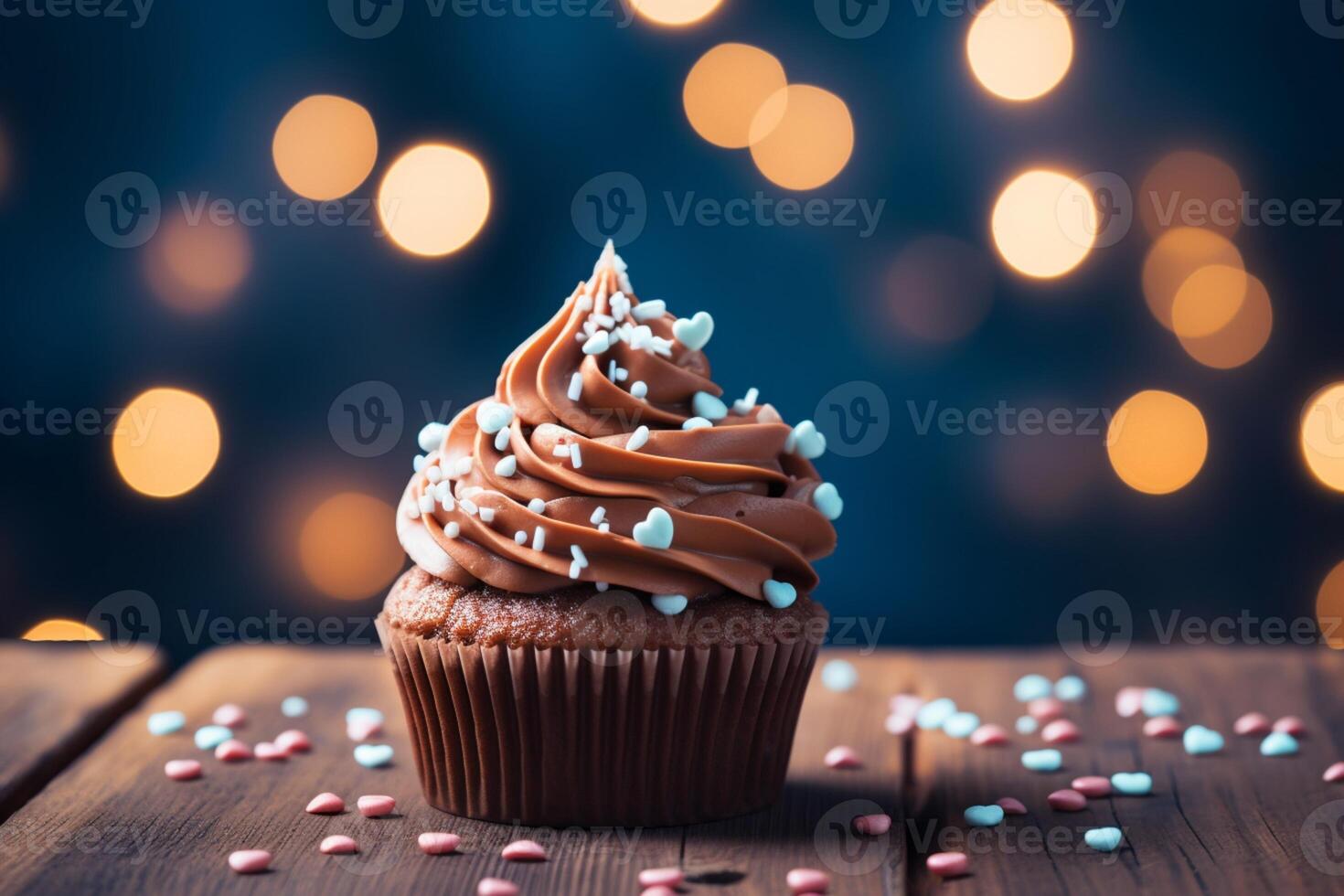 ai generiert Aussicht Süss Genuss Cupcake auf Holz mit Herz Bokeh Hintergrund foto