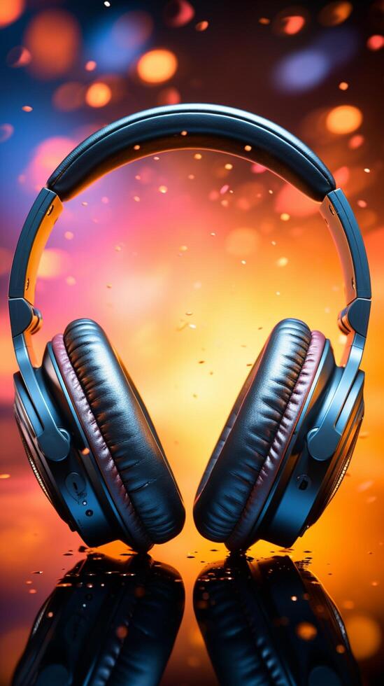 ai generiert Klang Eintauchen Kopfhörer gegen ein farbig Hintergrund zum Musik- Hintergrund Vertikale Handy, Mobiltelefon Hintergrund foto