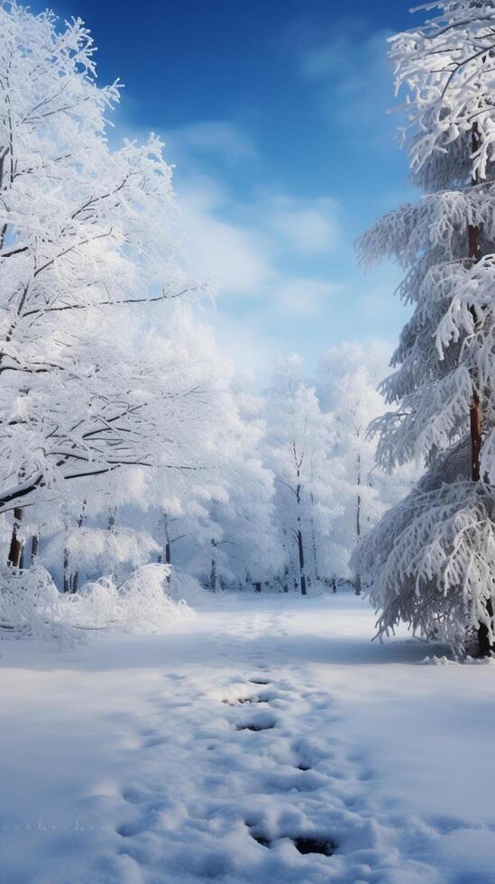 ai generiert schneebedeckt Ruhe Winter Wald Landschaft mit gefroren Bäume Vertikale Handy, Mobiltelefon Hintergrund foto