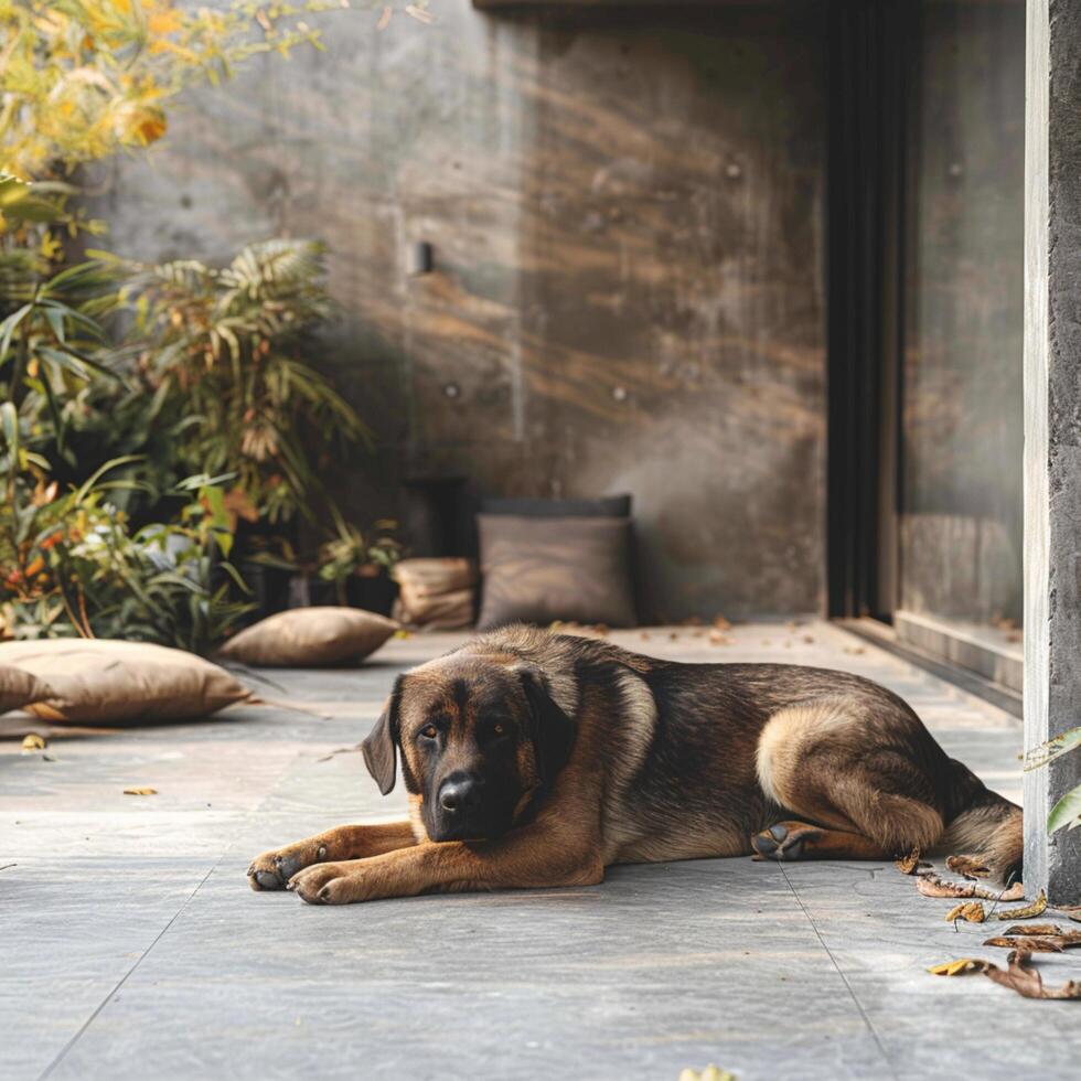 ai generiert ein Häuser Beton Oase, ein zufrieden dunkel braun Hund Lounges zum Sozial Medien Post Größe foto