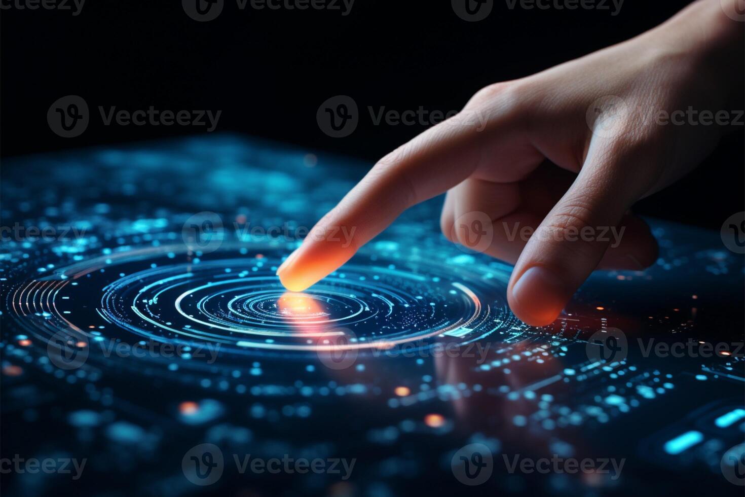 ai generiert berühren von Innovation Finger aktiviert glühend Taste auf virtuell Bildschirm foto
