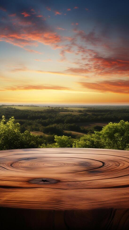 ai generiert Naturen Segeltuch hölzern Tabelle bereit zum Produkt Anzeige beim Sonnenuntergang Vertikale Handy, Mobiltelefon Hintergrund foto