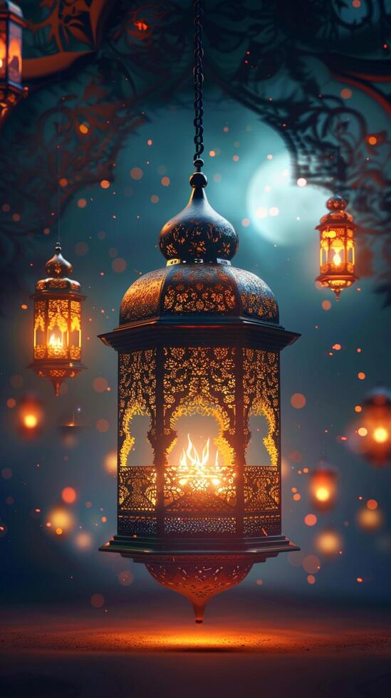 ai generiert festlich Ambiente Hintergrund mit flammend Laternen zum beschwingt Ramadan Feier Vertikale Handy, Mobiltelefon Hintergrund foto