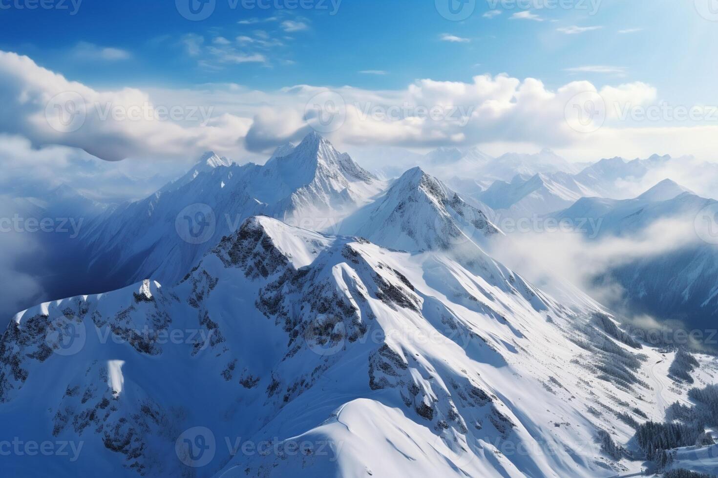 ai generiert Winter Wunder Schnee bedeckt Berge im ein oben Aussicht Panorama- Szene foto