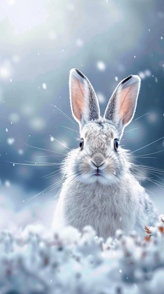 ai generiert charmant Arktis Hase gegen schneebedeckt Hintergrund, perfekt zum Text Aufnahme Vertikale Handy, Mobiltelefon Hintergrund foto
