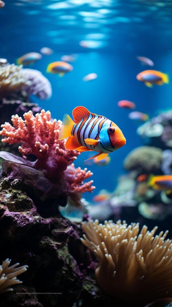 ai generiert ozeanisch Schönheit Fisch, Riff, und Natur im ein tropisch unter Wasser Rahmen Vertikale Handy, Mobiltelefon Hintergrund foto