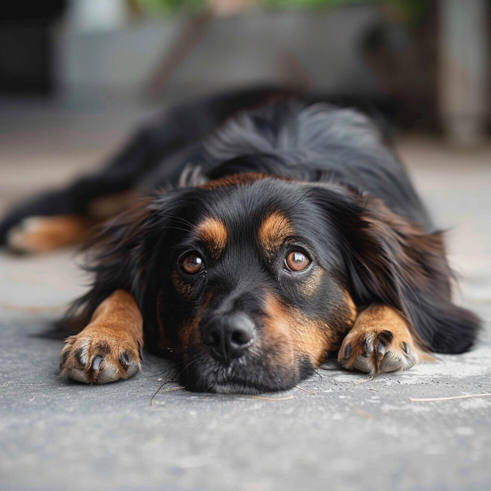 ai generiert dunkel braun, lange behaart Hund Lounges auf das gemütlich Beton Haus Fußboden zum Sozial Medien Post Größe foto