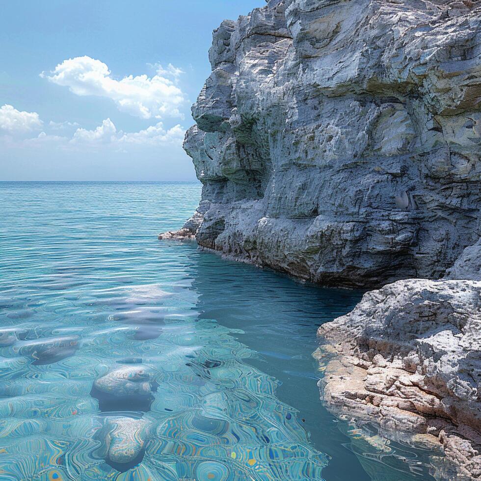 ai generiert Küsten Schönheit Küste Texturen gegen ein heiter Blau Seelandschaft Hintergrund zum Sozial Medien Post Größe foto