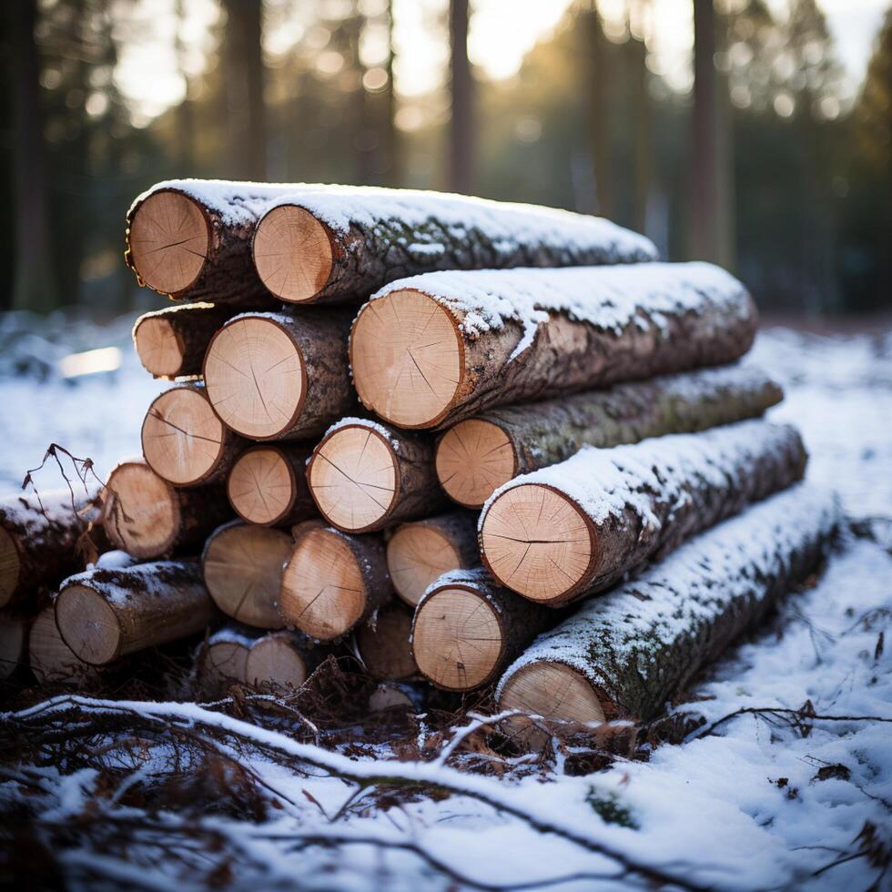 ai generiert Winter Vorrat gesägt Kiefer Baum Stämme im ein schneebedeckt Wald zum Sozial Medien Post Größe foto