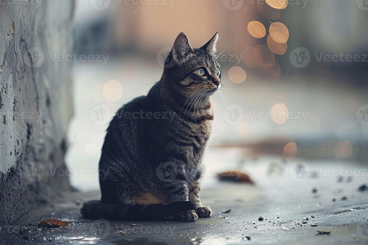 ai generiert allein, ein Katze sitzt auf das kalt Zement Boden, tief Selbstbeobachtung foto