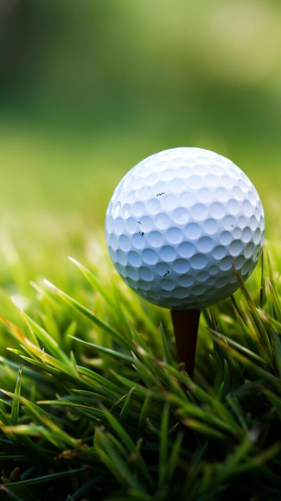 ai generiert Sport Gelassenheit Golf Ball auf Tee, Grün Gras Nahansicht Vertikale Handy, Mobiltelefon Hintergrund foto