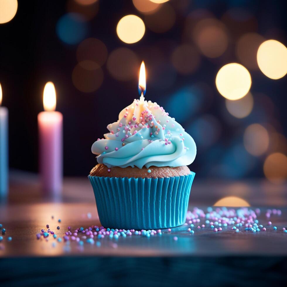 ai generiert Kerzenlicht Freude Geburtstag Cupcake mit Blau Bokeh Hintergrund zum Sozial Medien Post Größe foto