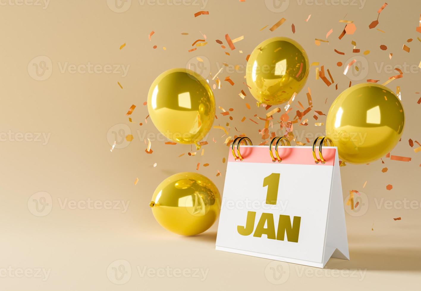 1. Januar Kalender mit goldenen Luftballons und Konfetti foto