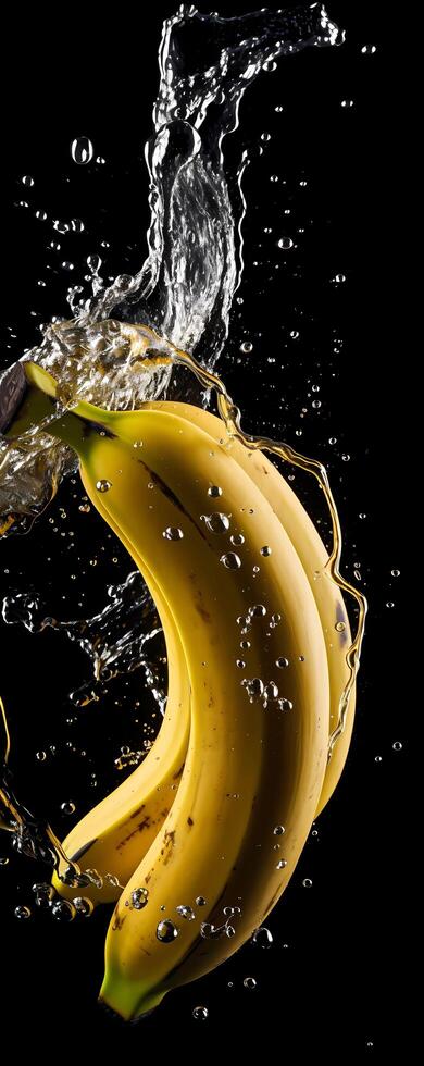 ai generiert diese hoch Foto erfasst das anmutig freier Fall von Bananen und Wasser, ihr saftig Formen suspendiert im in der Luft, auf ein schwarz Hintergrund präsentieren das dynamisch Schönheit von der Natur Kopfgeld