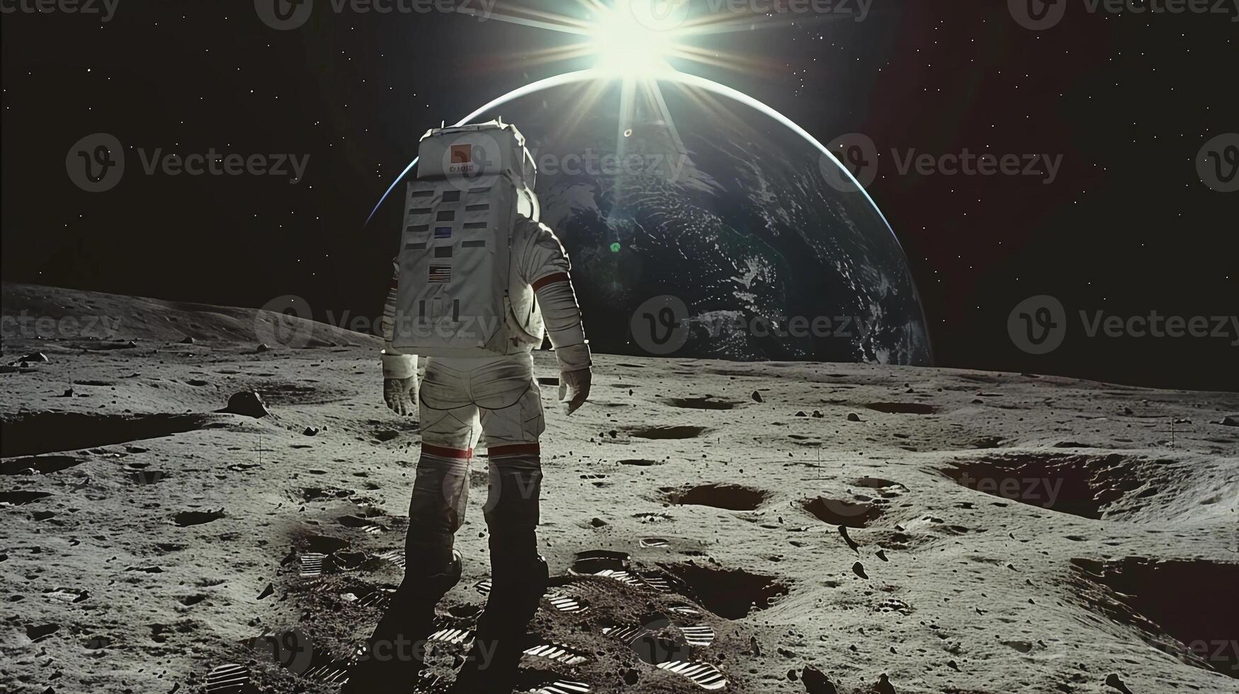 ai generiert Astronaut Stehen auf das Mond Oberfläche, Erde steigend im Hintergrund. Mensch Raum Flug. ai generiert foto