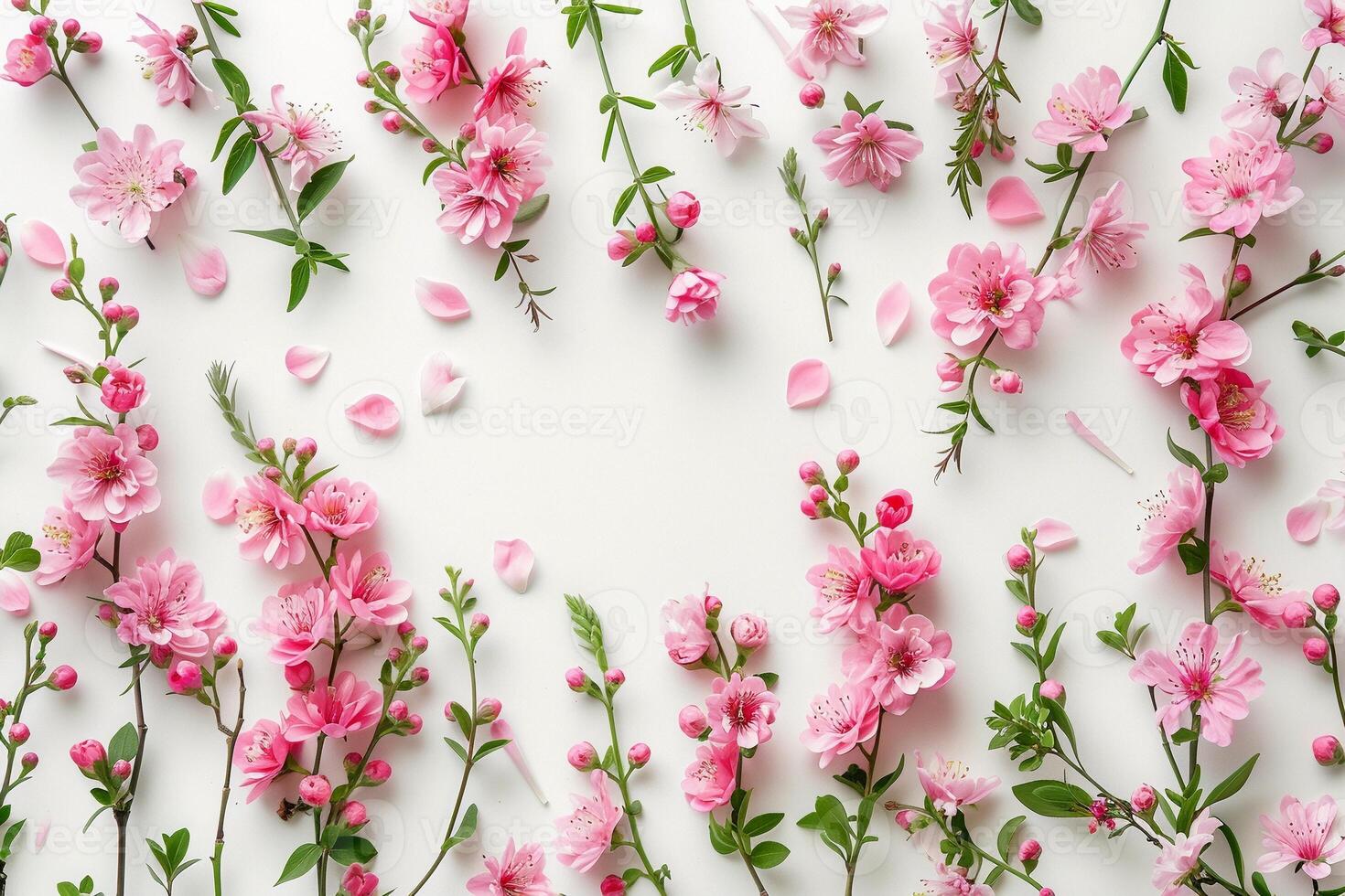 ai generiert Licht Rosa Frühling Wiese Blumen und Blütenblätter vereinbart worden auf Weiß Hintergrund. oben Sicht. ai generiert foto