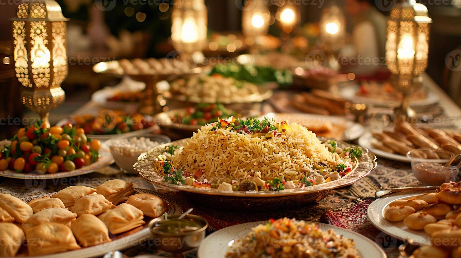 ai generiert reich einstellen Tabelle mit traditionell eid al-fitr Teller. Biryani, Maamoul, schier khurma. ai generiert foto