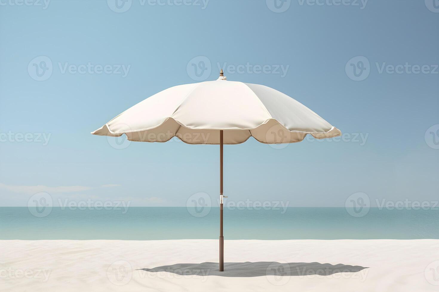 ai generiert Weiß Sonnenschirm auf das Strand mit Weiß Sand gegen das Hintergrund von das Blau Meer und Himmel. minimalistisch Landschaft. ai generiert foto