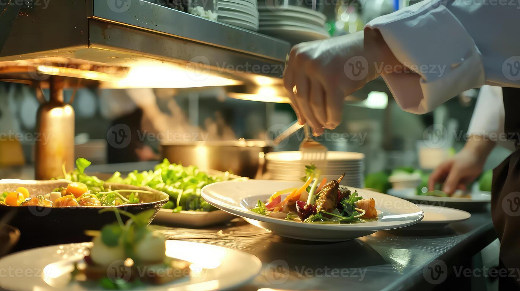 ai generiert Koch vorbereiten Essen im Restaurant Küche, Nahaufnahme. foto