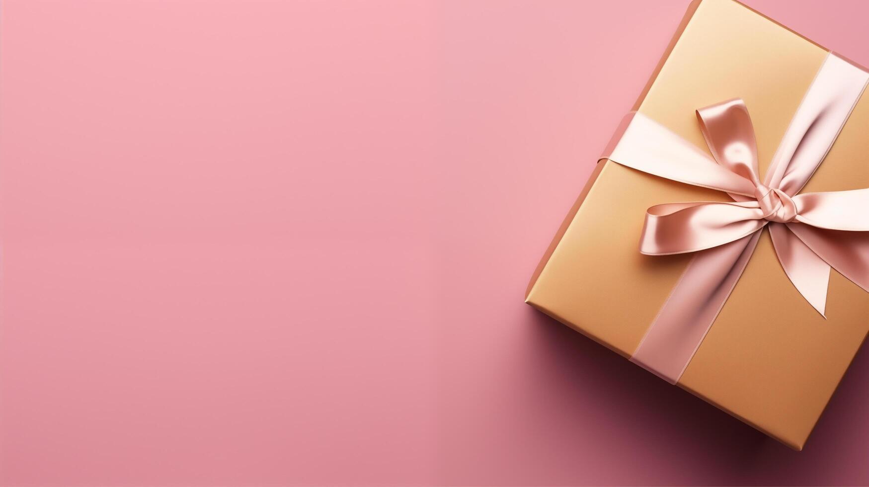 ai generiert Gold Farbe Geschenk Box auf Rosa Farbe Hintergrund, oben Aussicht foto