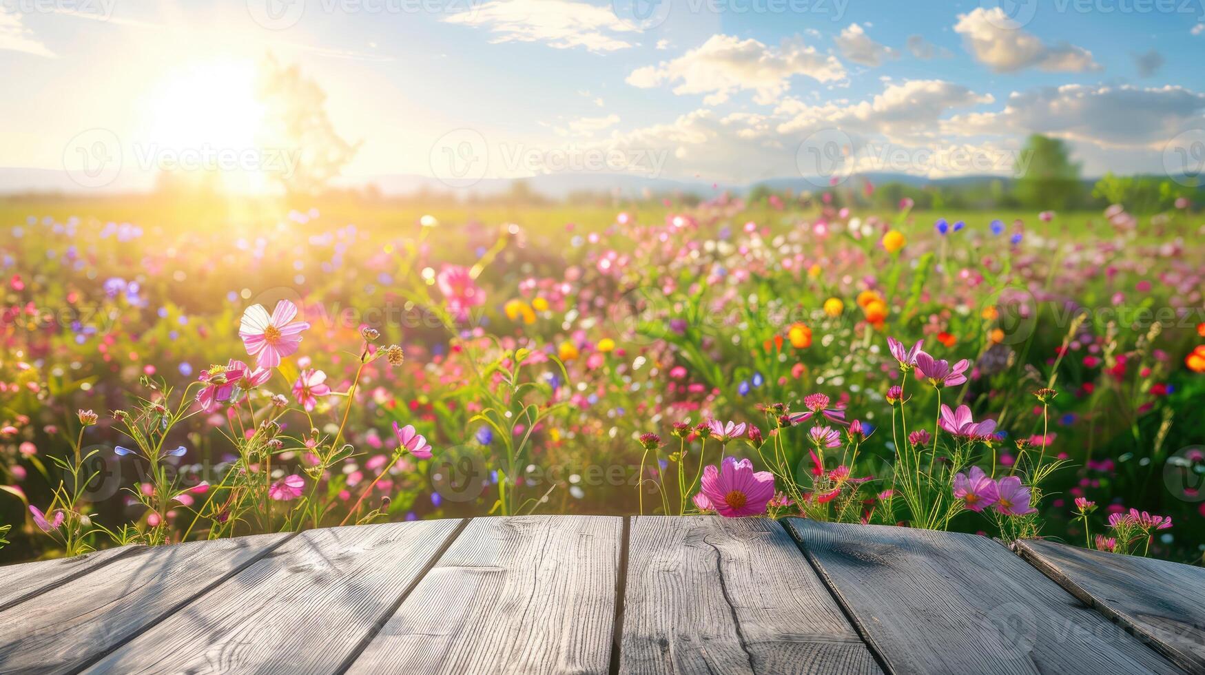 ai generiert Banner leeren hölzern Tabelle Plattform mit Wildblumen blühen Hintergrund. zum Produkt Anzeige foto