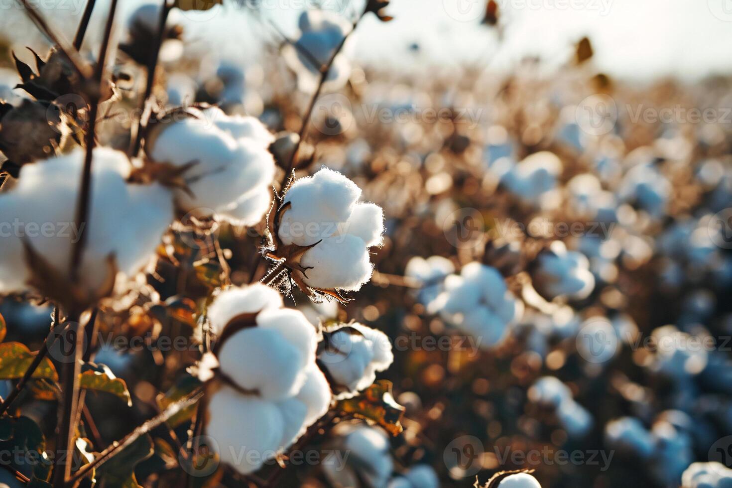 ai generiert Baumwolle Bauernhof während Ernte Jahreszeit. Feld von Baumwolle Pflanzen mit Weiß Bolls. nachhaltig und umweltfreundlich trainieren auf ein Baumwolle Bauernhof. organisch Landwirtschaft. roh Material zum Textil- Industrie. foto