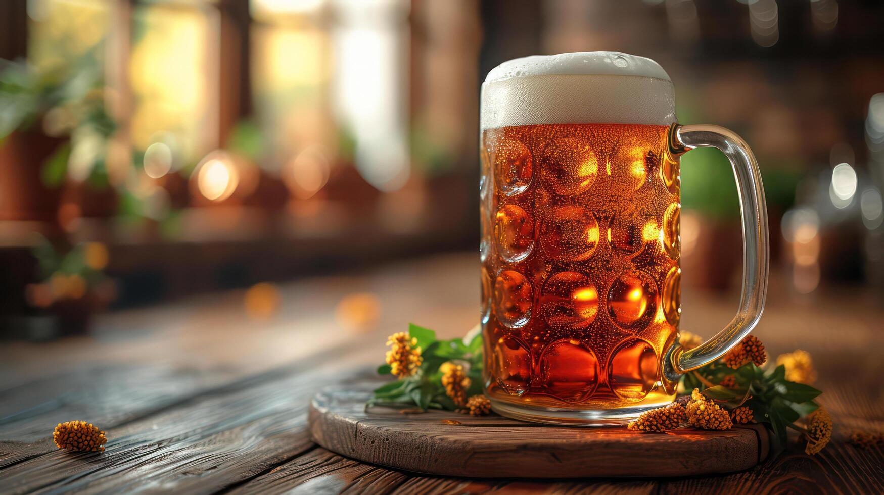 ai generiert groß Glas von Bier, Blumen auf ein hölzern Tisch, Oktoberfest Illustration foto