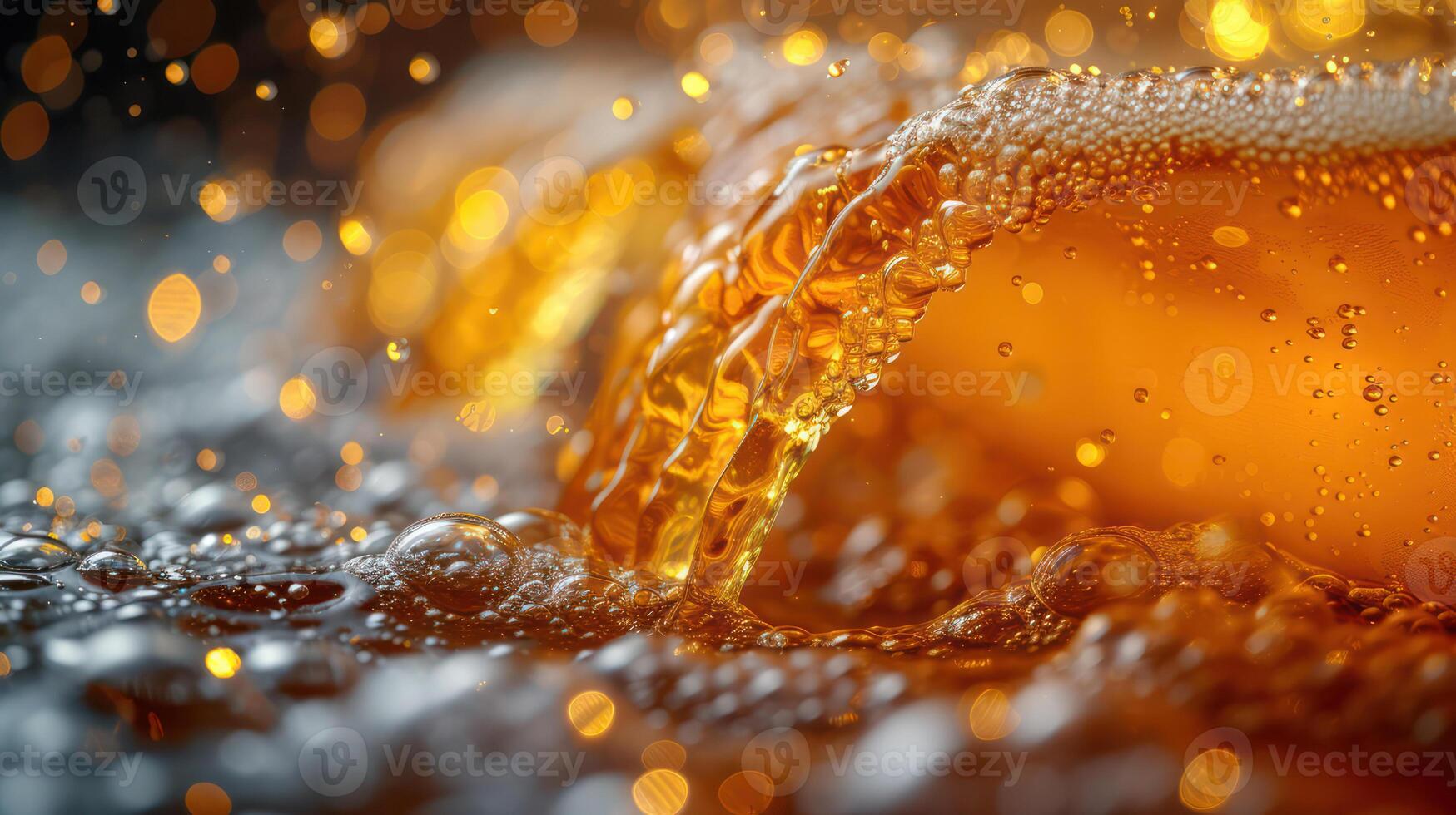 ai generiert Gießen Bier mit Schaum Luftblasen im Glas zum Hintergrund auf Vorderseite Aussicht von Wellen, Trinken Alkohol foto