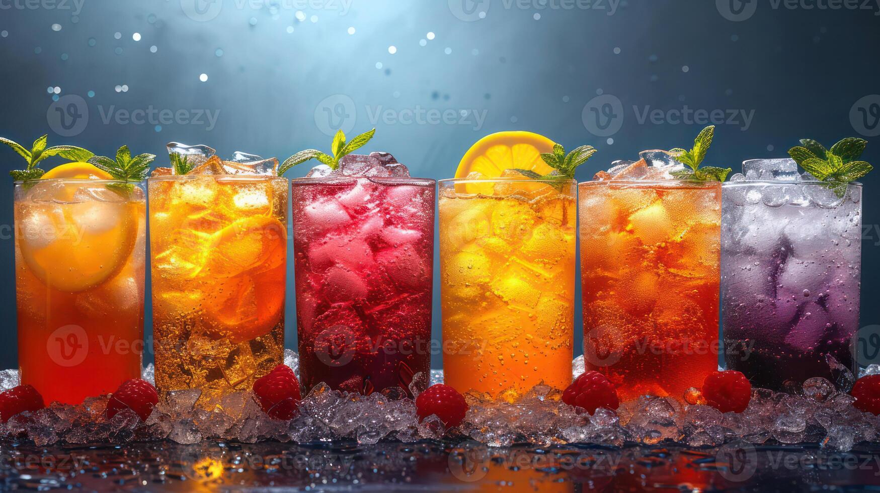 ai generiert verschiedene Obst Getränke im zerquetscht Eis foto