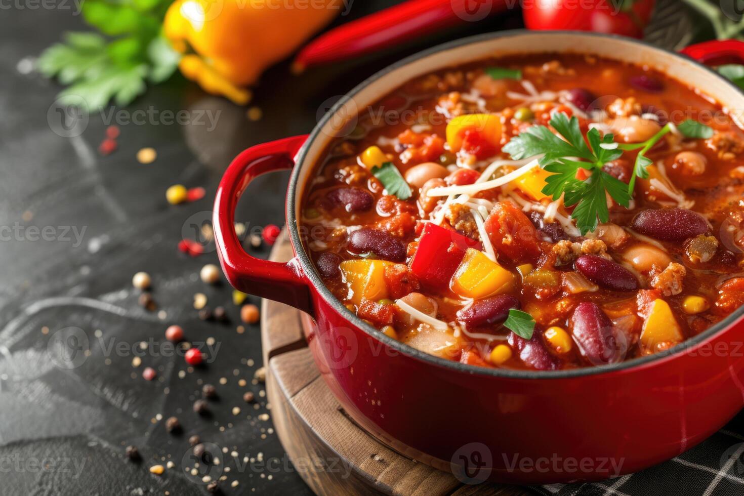 ai generiert Mexikaner heiß Chili con Fleisch, Bohnen, gehackt Fleisch und Gemüse Eintopf im Tomate Soße foto