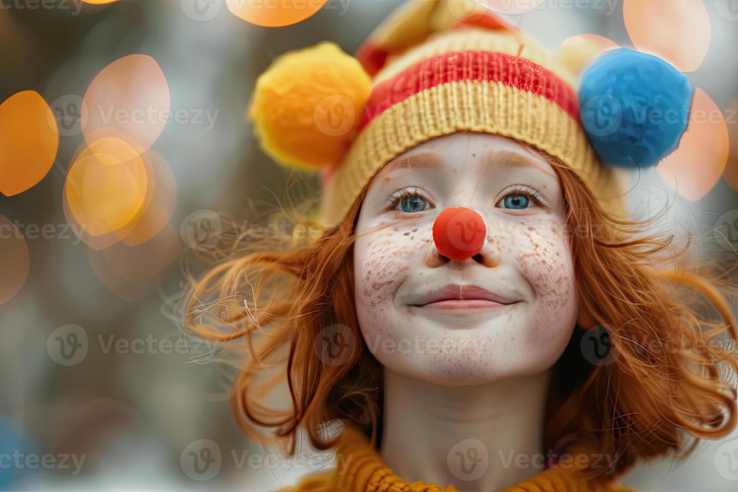 ai generiert April Dummköpfe Tag Banner, komisch Clown Zirkus Künstler, lockig rot behaart Mädchen mit ein Clown Nase foto