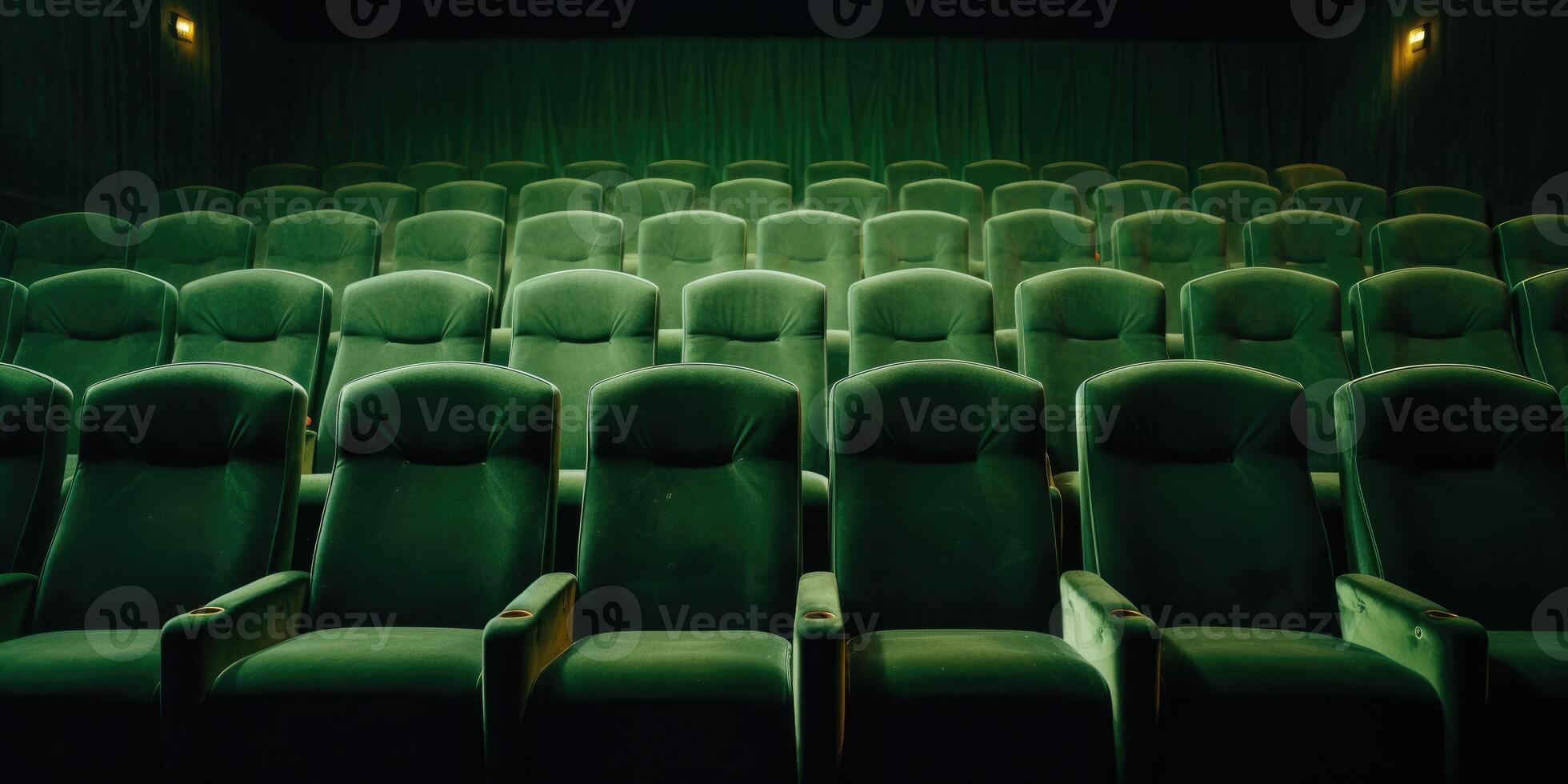 ai generiert retro Grün Theater Sitz im ein leeren Veranstaltungsort. Reihe von Jahrgang Grün Stühle von Kino. Vorderseite Sicht. generativ ai foto