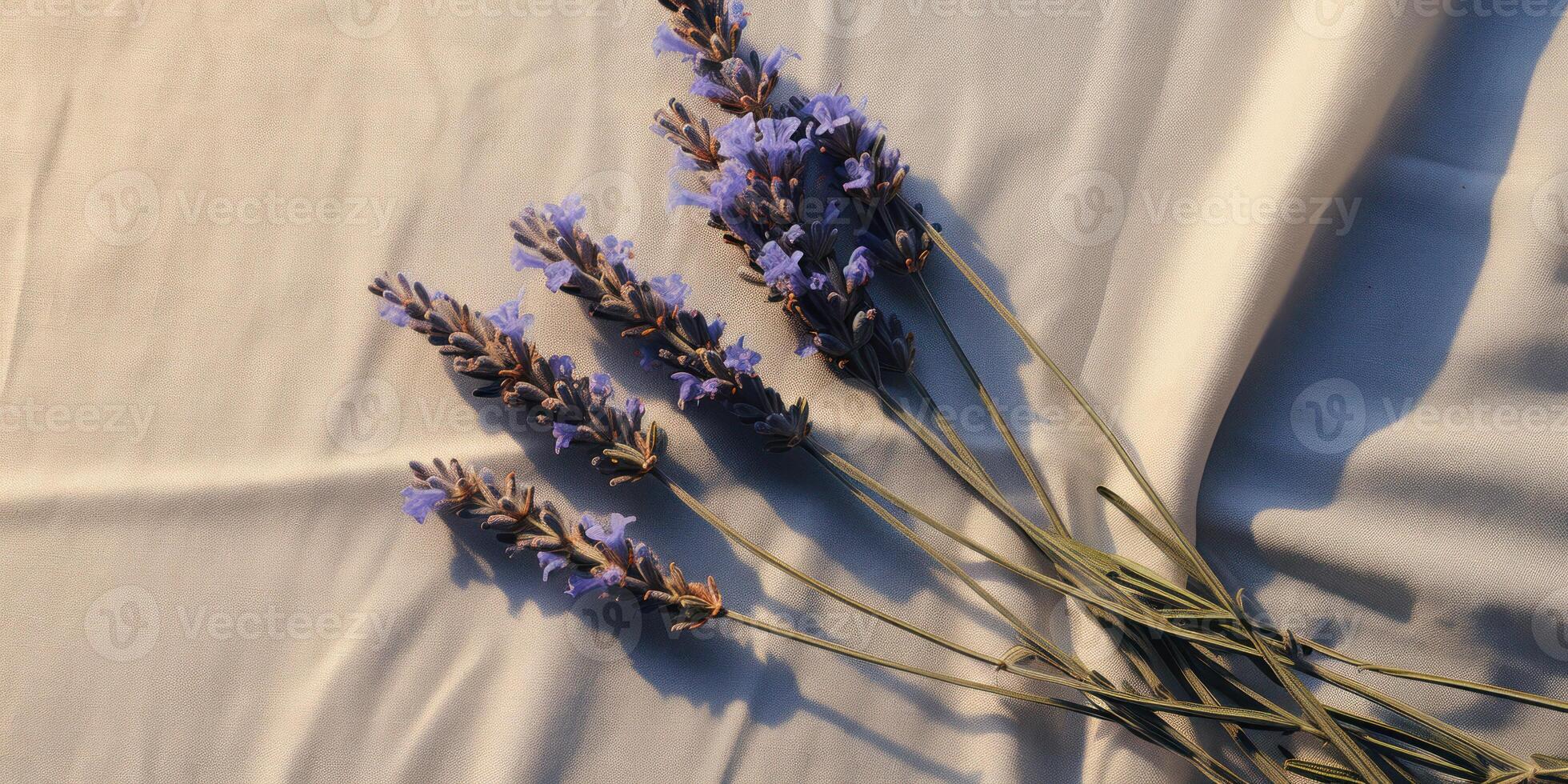ai generiert Leinen- gefaltet Stoff mit Lavendel. lila Blume Strauß auf faltig Textil. Blumen- Hintergrund. generativ ai foto