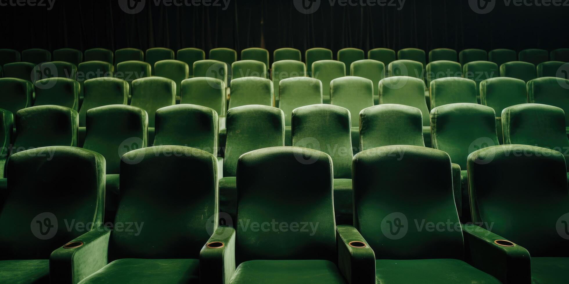 ai generiert Reihe von Jahrgang Grün Theater Sitz im ein leeren Veranstaltungsort. retro Grün Stühle von Kino im Reihe. Vorderseite Sicht. generativ ai foto