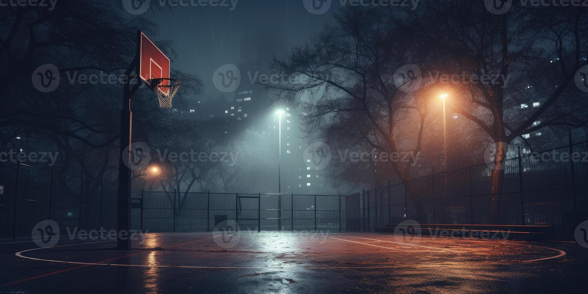 ai generiert leeren Basketball Gericht draussen beim Nacht. städtisch Öffentlichkeit Streetball Spielplatz. generativ ai foto