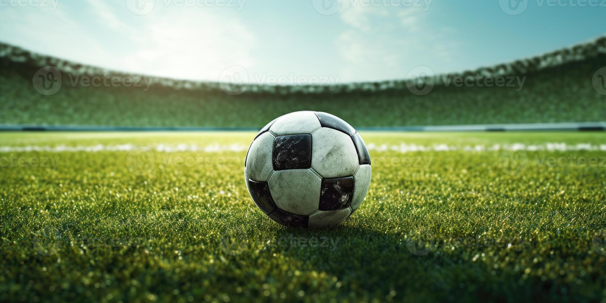 ai generiert traditionell Fußball Ball auf Grün Gras Feld. Vorderseite Aussicht von Rasen zum Fußball oder Fußball. generativ ai foto