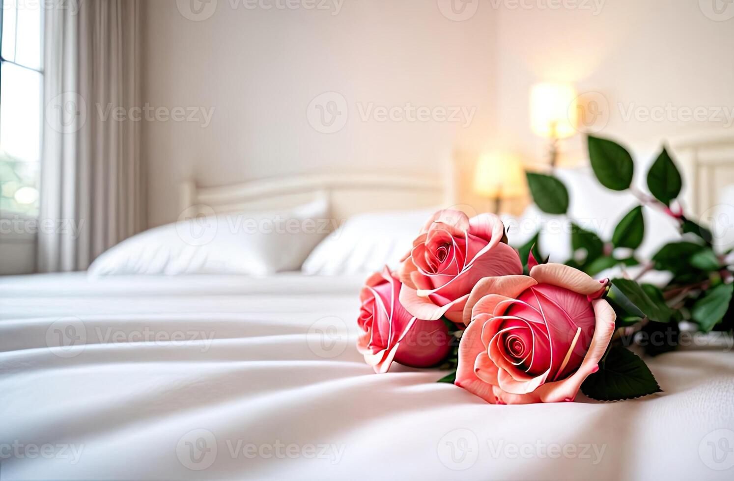 ai generiert ein Strauß von Tee Rosen Lügen auf ein Weiß Bett im ein hell Schlafzimmer. ein Geschenk zum Ihre geliebte, Valentinstag Tag, Geburtstag, Datum. Kopieren Raum. ai generiert foto