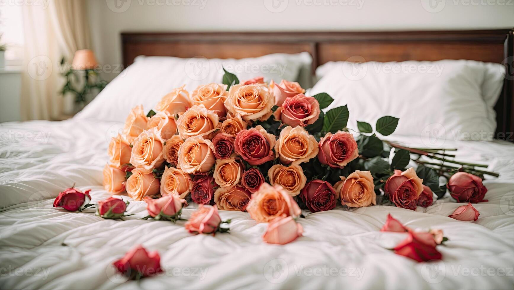 ai generiert ein Strauß von Tee Rosen Lügen auf ein Weiß Bett im ein hell Schlafzimmer. ein Geschenk zum Ihre geliebte, Valentinstag Tag, Geburtstag, Datum. Kopieren Raum. foto