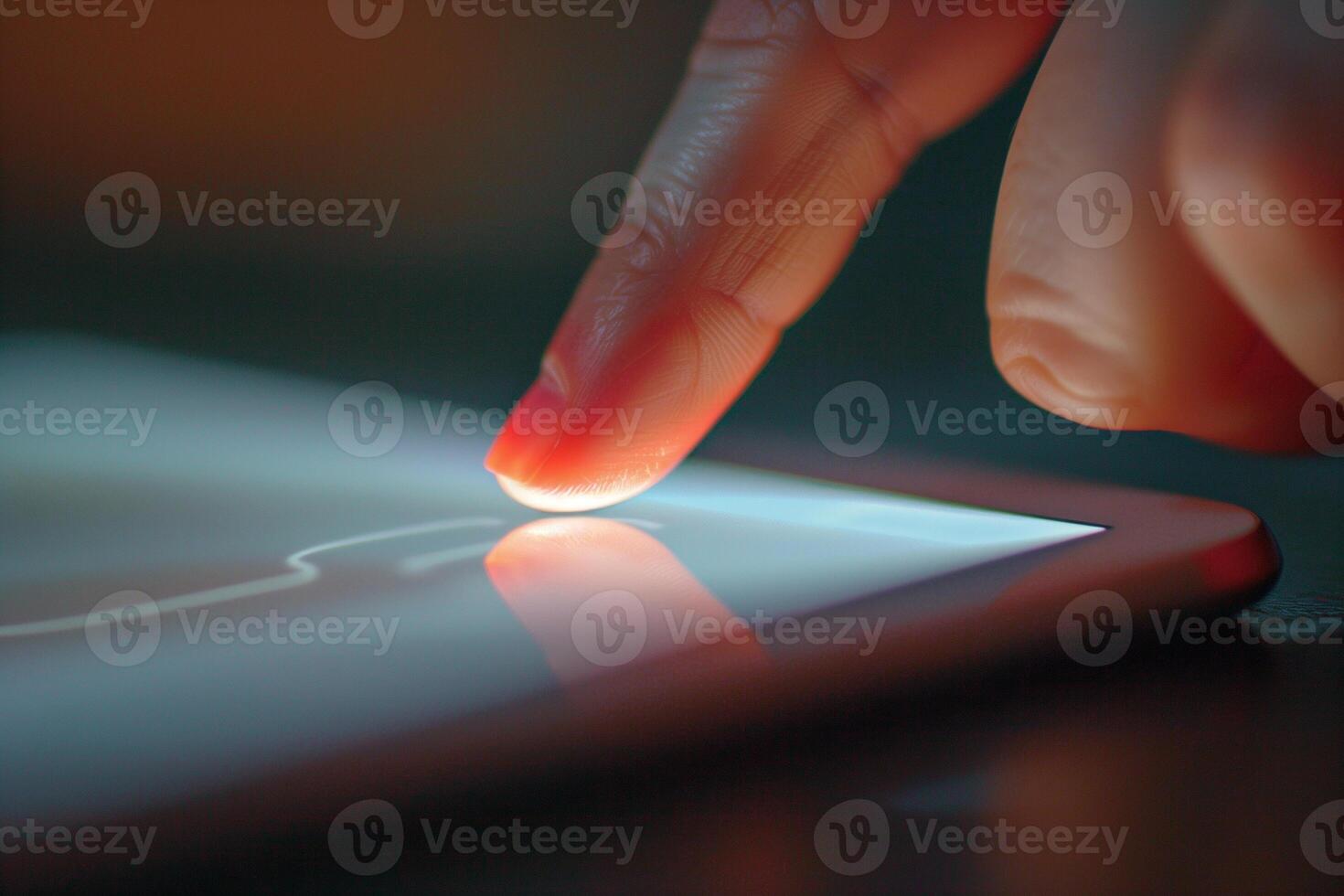 ai generiert ein Nahansicht Mensch Finger berühren ein Tablette Bildschirm foto