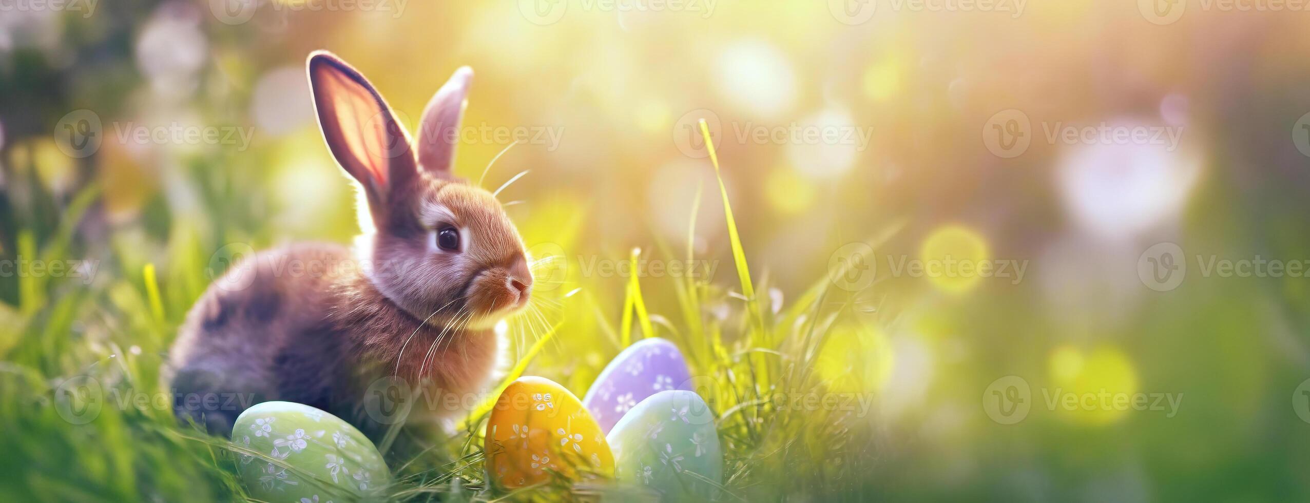 ai generiert Ostern Hase auf Frühling Grün Rasen mit dekoriert bunt Eier Hintergrund. Panorama mit Kopieren Raum. foto
