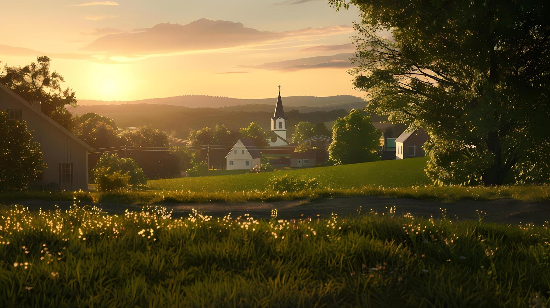ai generiert ein schön Stadt, Dorf mit rollen Hügel und Grün beim Sonnenuntergang. foto