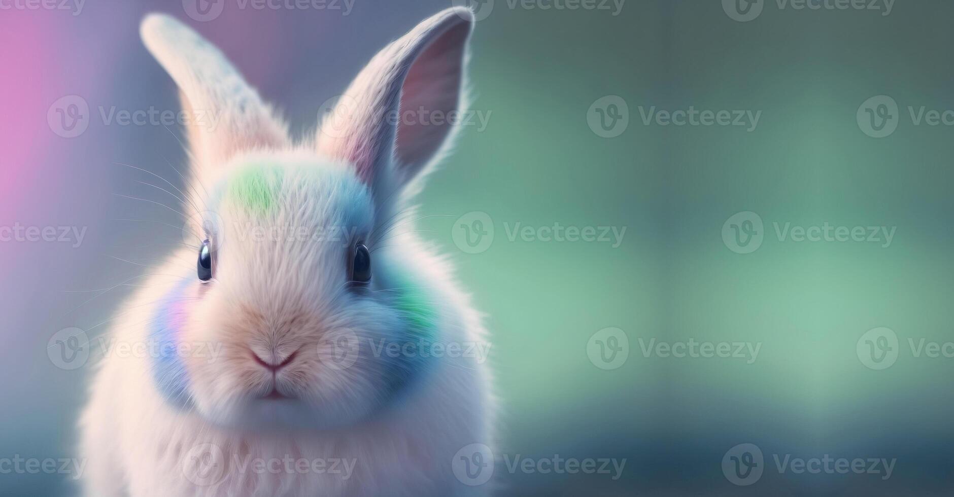 ai generiert flauschige Ostern Hase im farbig Flecken auf ein Gradient Hintergrund. ai generiert. foto