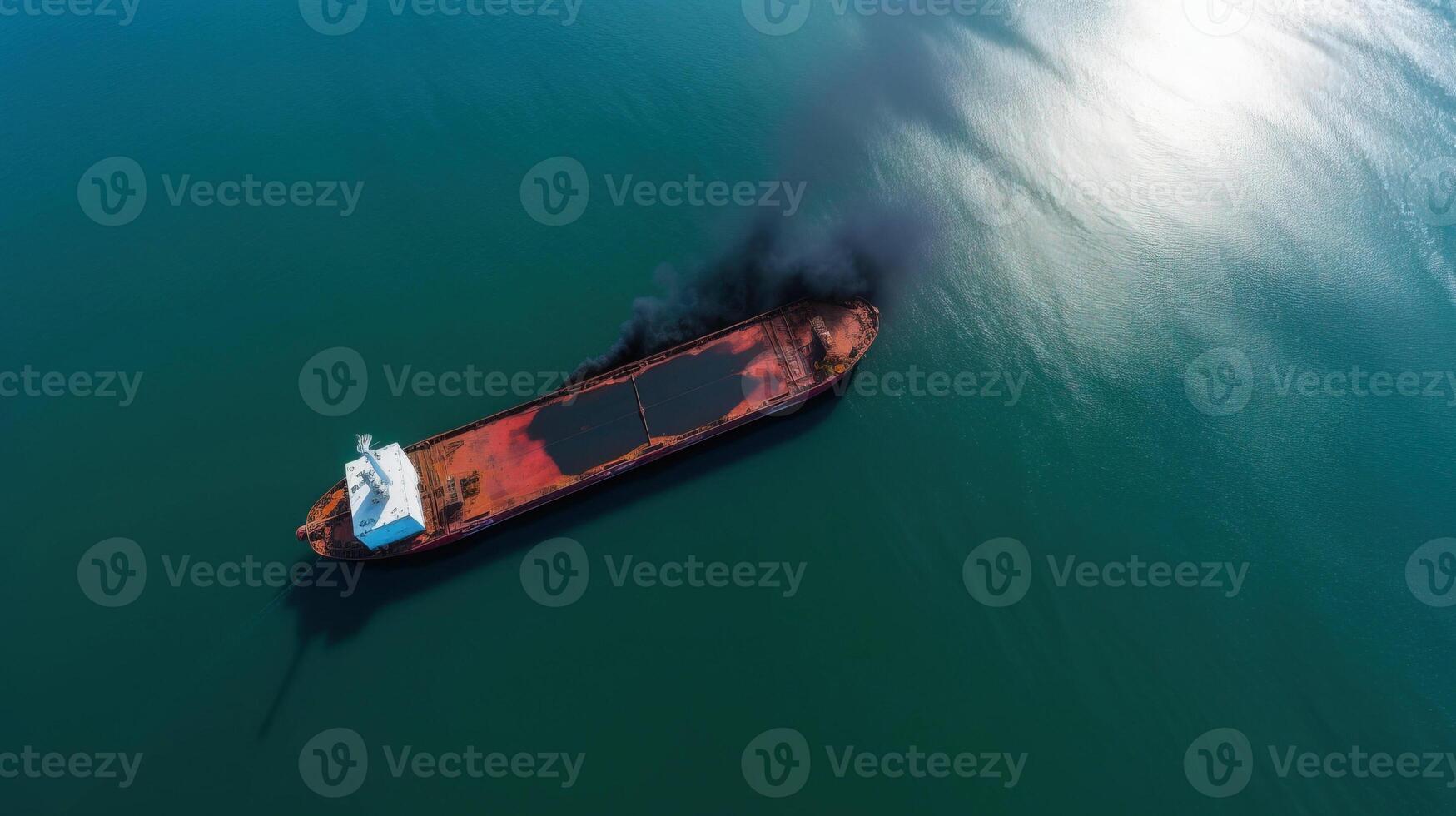 ai generiert ökologisch Katastrophe, Öl verschütten im Ozean in der Nähe von Tanker, oben Sicht. kommerziell Lieferung. ai generiert. foto