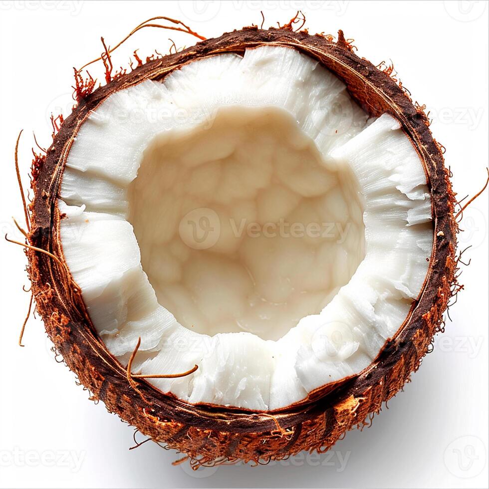 ai generiert reif Kokosnuss, Kokosnuss Fruchtfleisch, Kokosnuss Saft, isoliert Weiß Hintergrund - - ai generiert Bild foto
